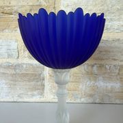 Large vintage Art Deco footed bowl – cobalt blue & frosted glass