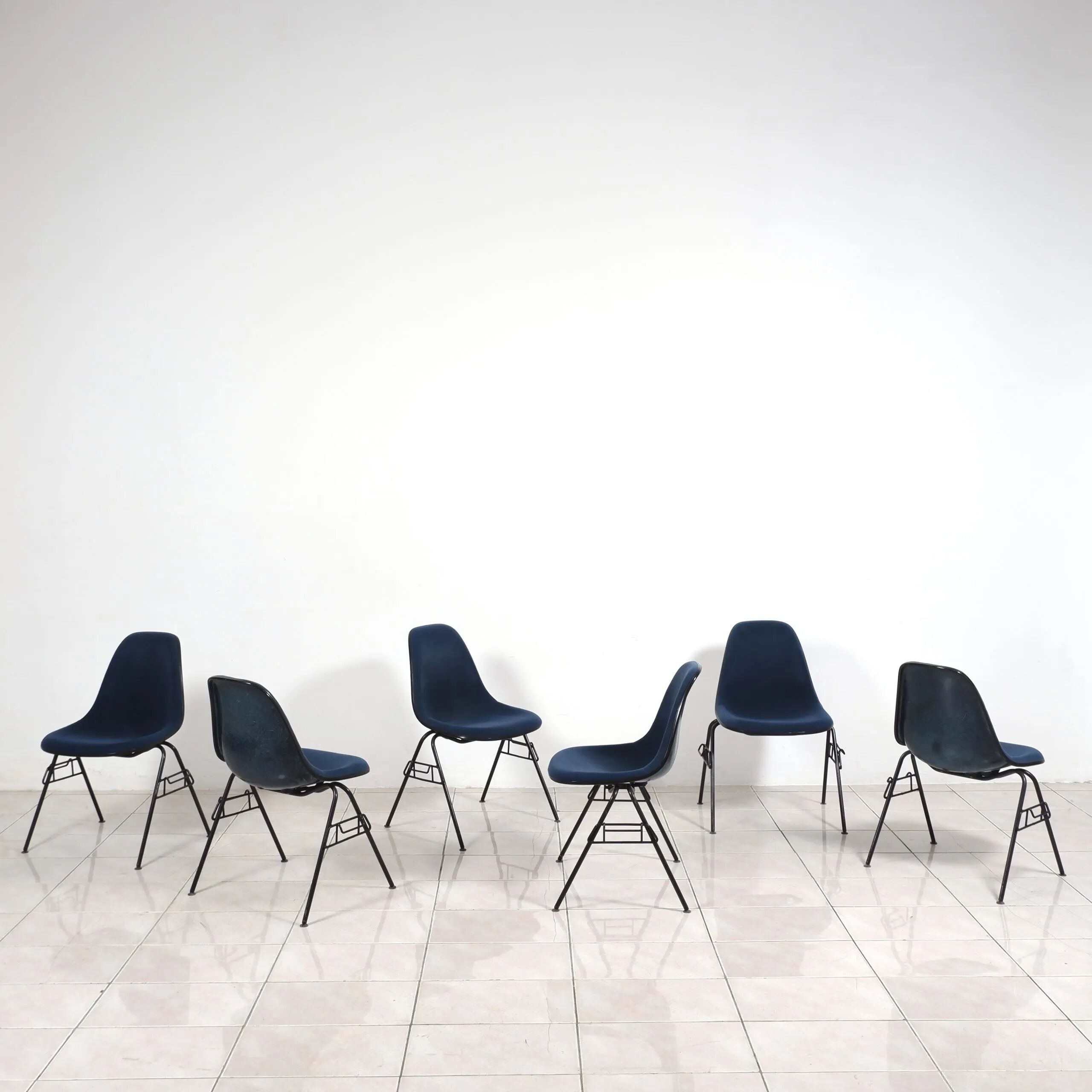 Set of 6 Eames Fiberglass DSX side chairs blue with velvet upholstery