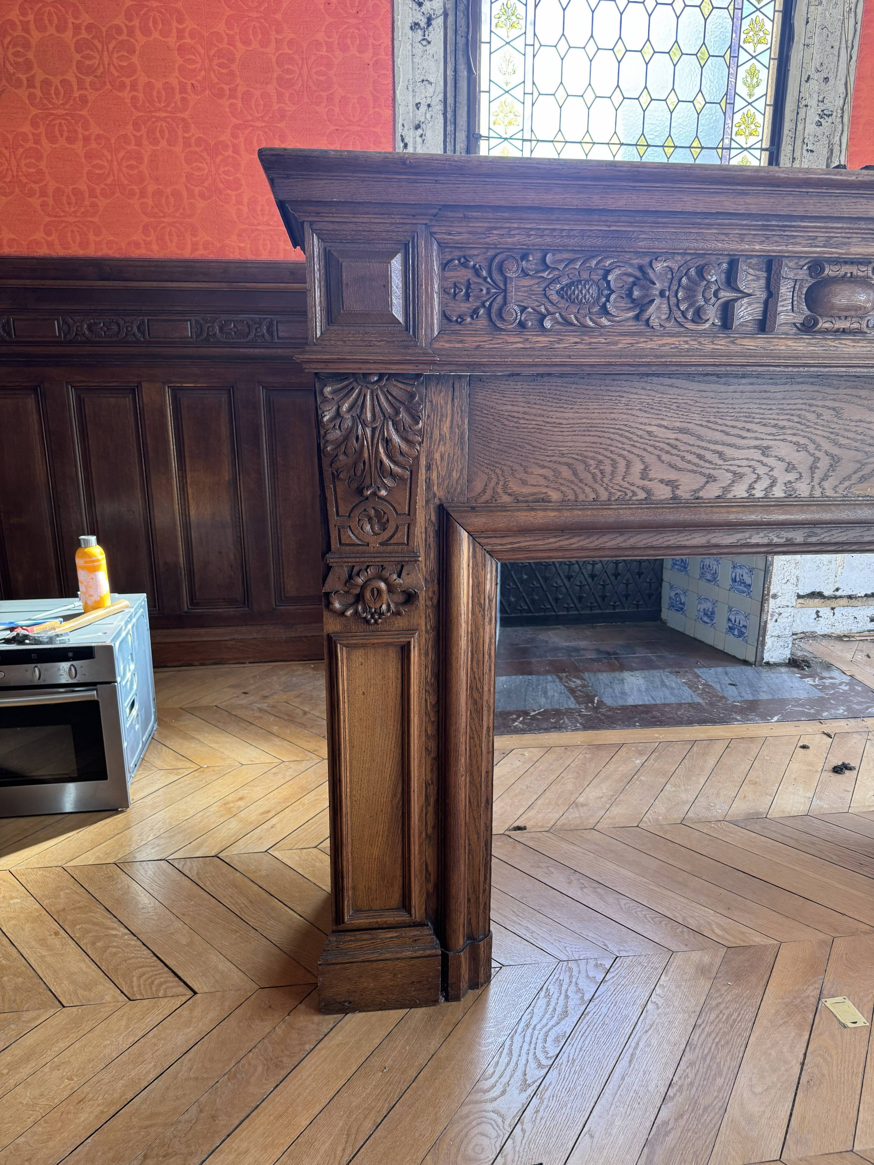 Antique carved wooden fireplace + overmantel – Napoléon III style