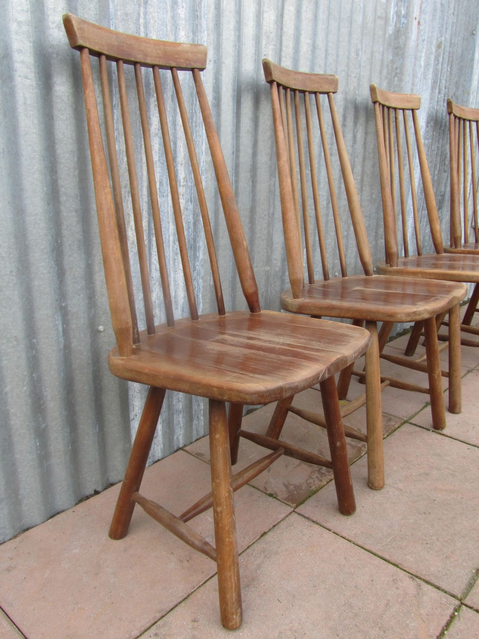 Scandinavian solid wooden high back spindle chairs, set of 4