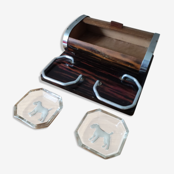 Necessary smoker wooden box, cigar cigarettes ashtrays glass