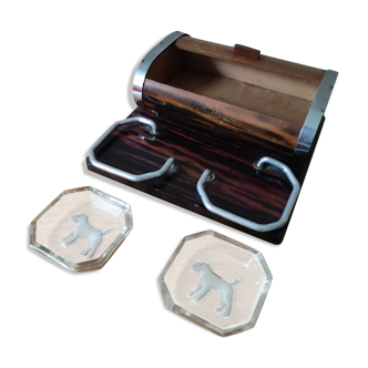 Necessary smoker wooden box, cigar cigarettes ashtrays glass