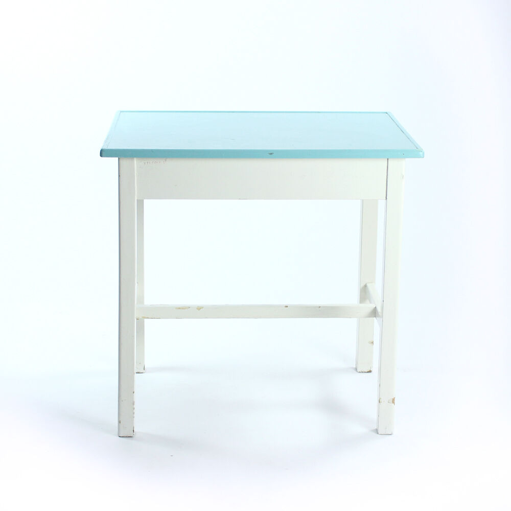 Table de ferme en bois blanc et turquoise tchécoslovaque, années 1950