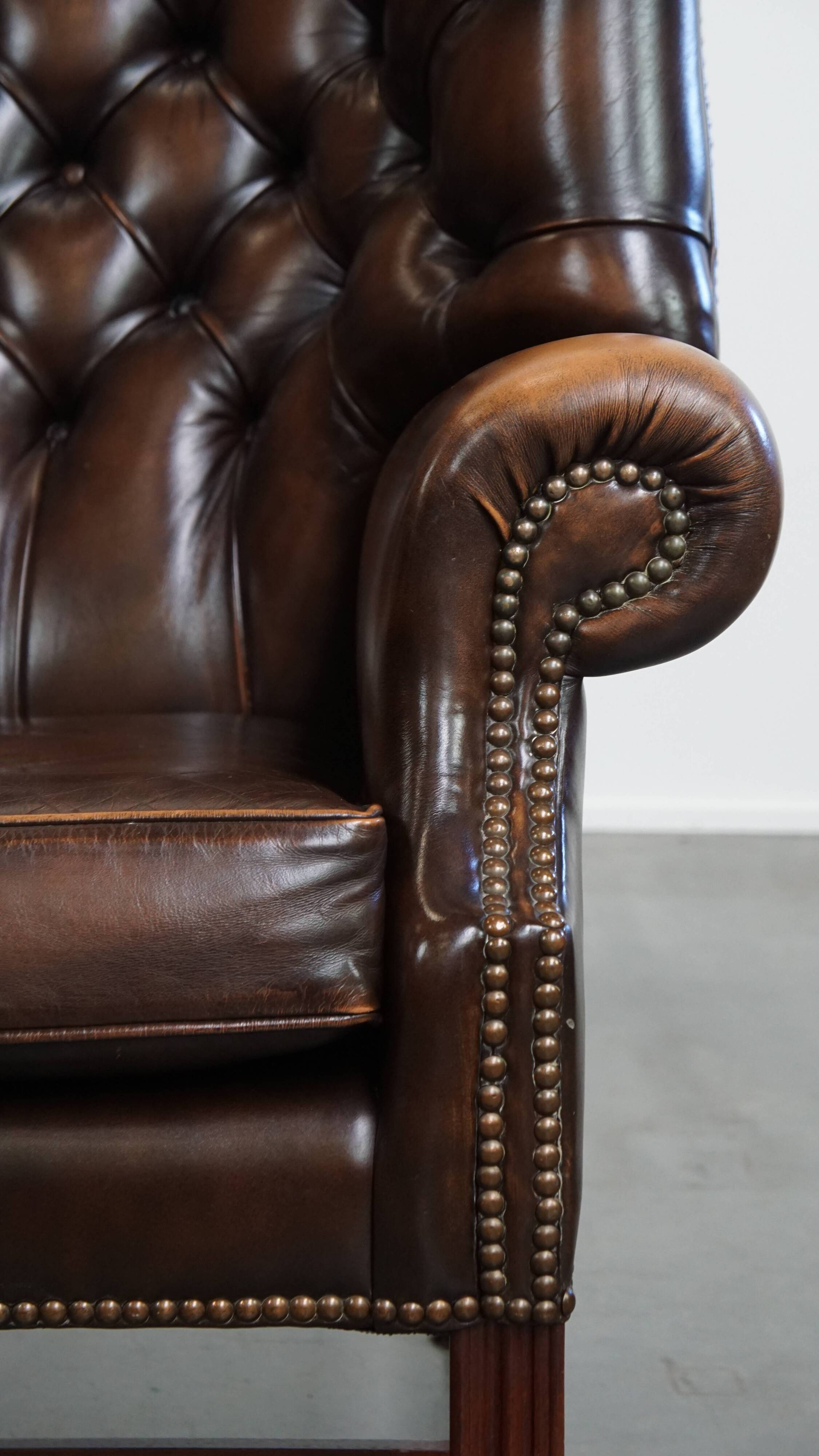 Dark Brown Cowhide  Leather Chesterfield Wingback Chair
