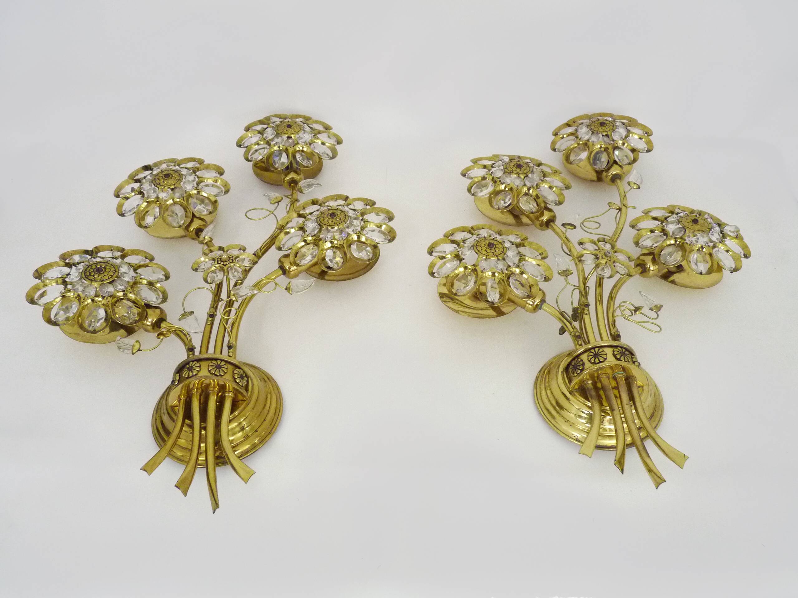 Large pair of vintage Palwa crystal and brass flower wall lights with 4 lights. 70s