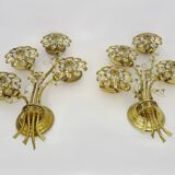 Large pair of vintage Palwa crystal and brass flower wall lights with 4 lights. 70s