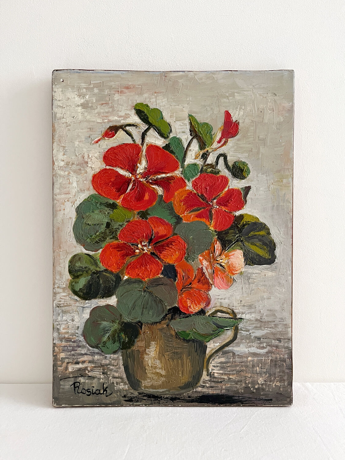 Peinture huile sur toile capucines fleurs vintage