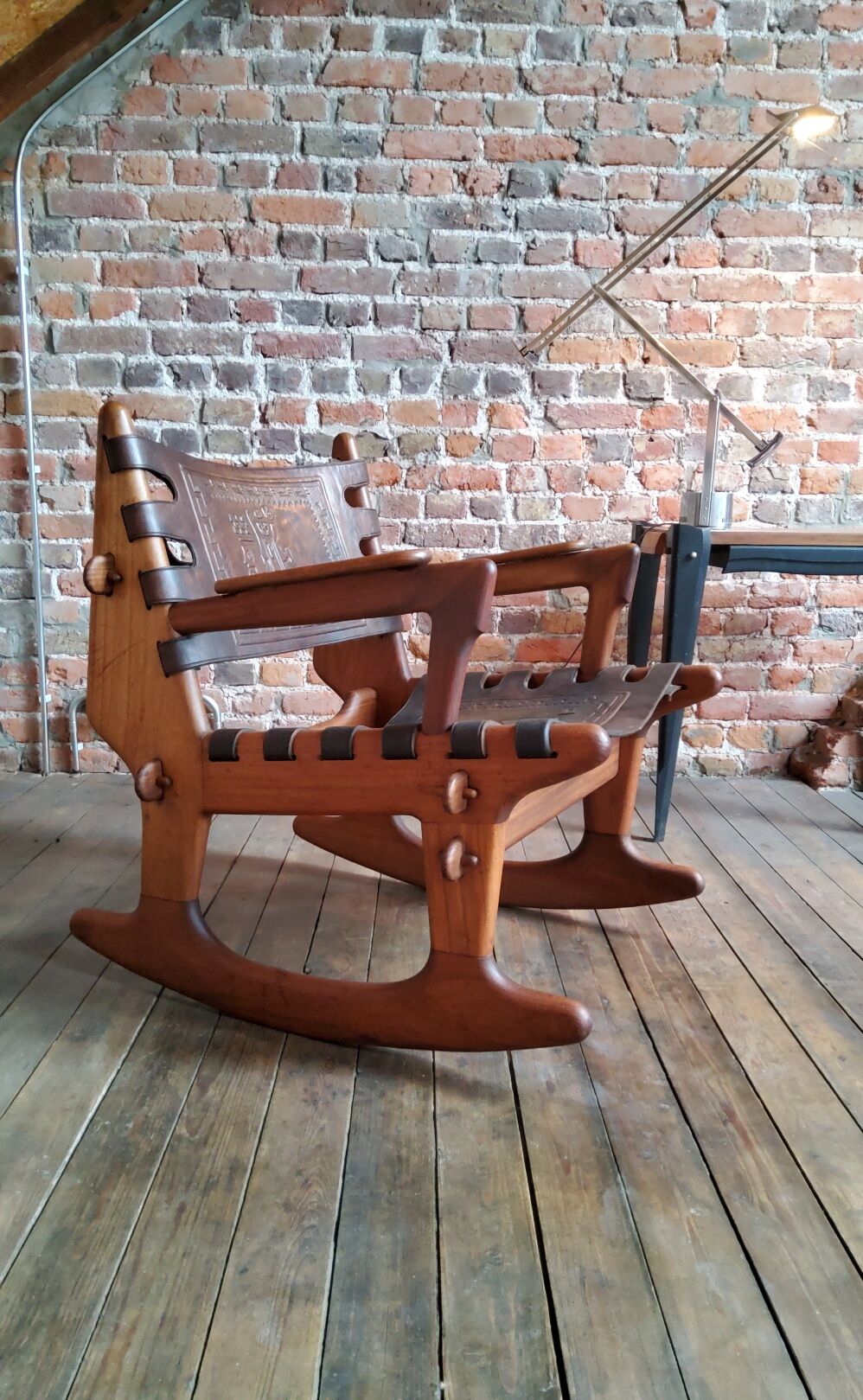 Vintage leather rocking chair by Angel Pazmino 1960