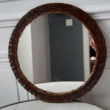 Miroir en rotin vintage années 70 36cm