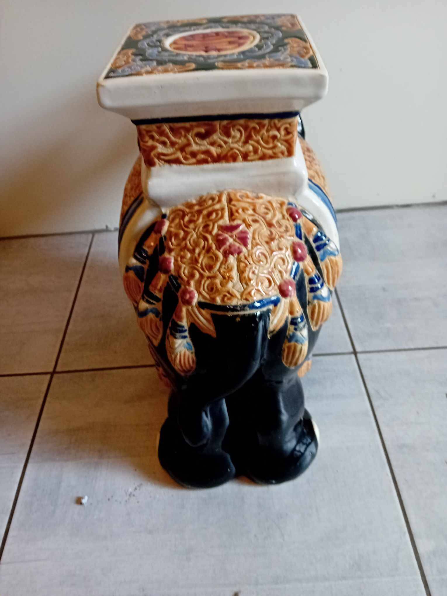 Elephant in black and beige glazed earthenware