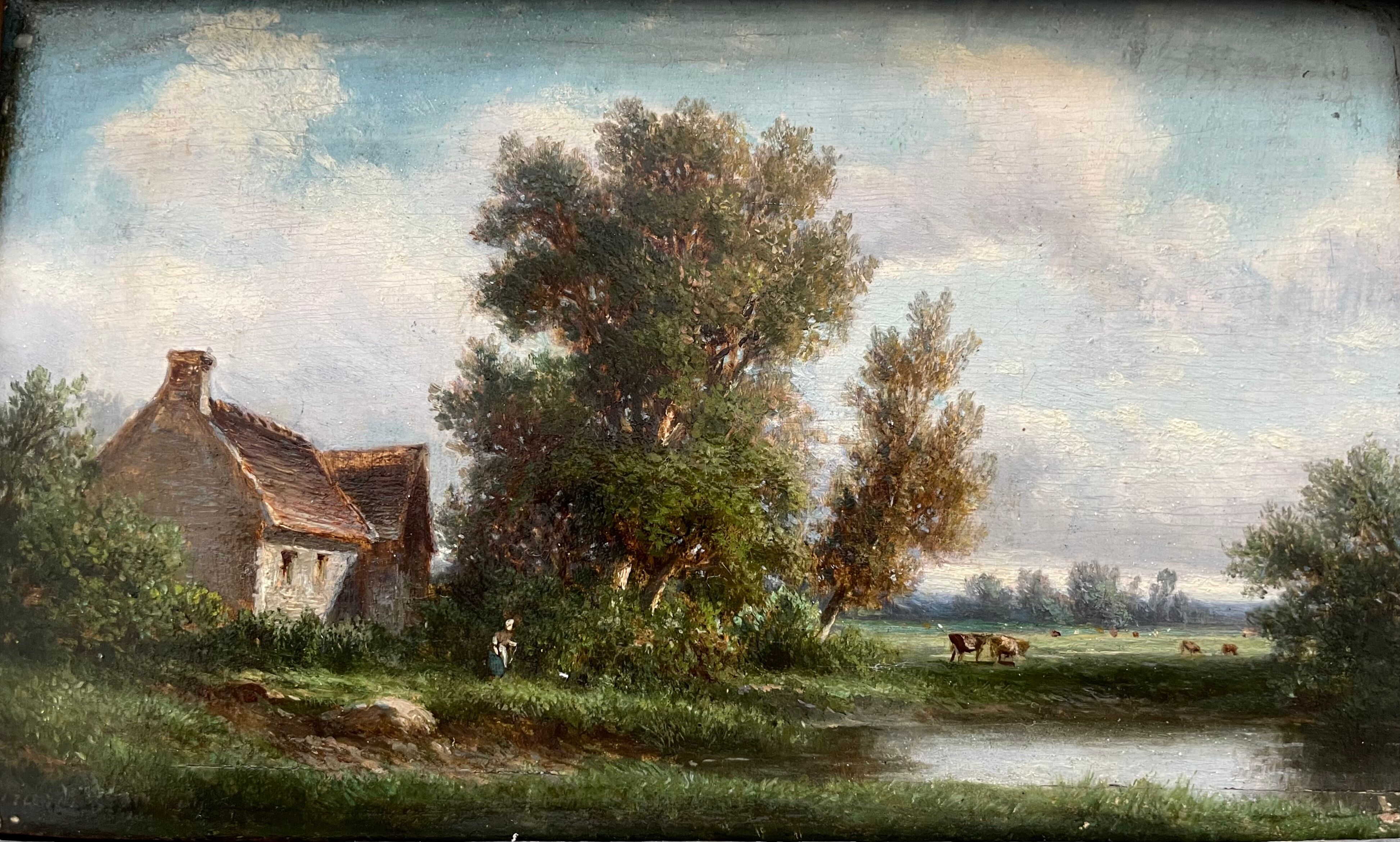 Painting old animated landscape Theodore Ghirardi nineteenth
