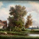 Tableau peinture ancienne paysage animé Théodore Ghirardi XIXe