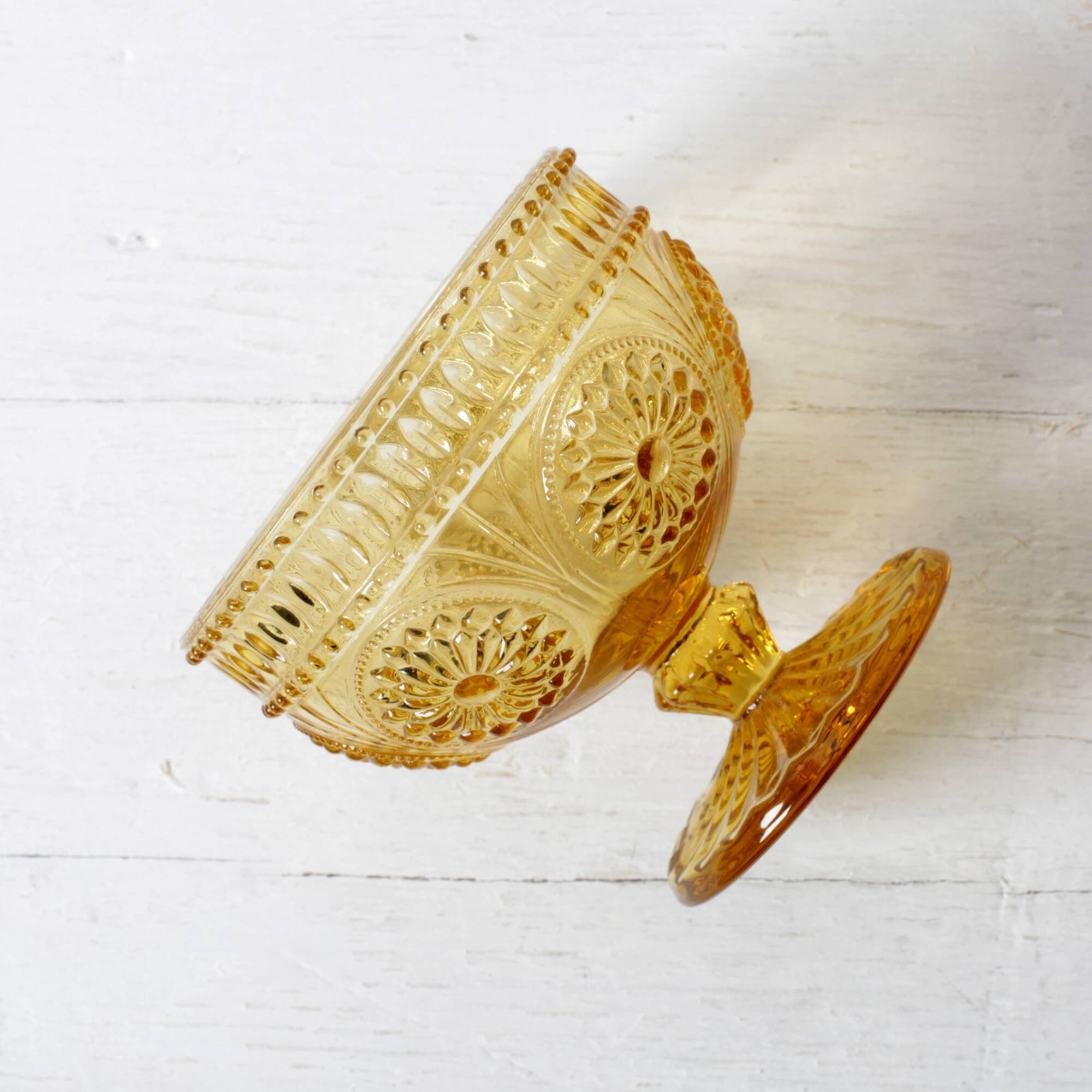 Godinger Amber Honey Pressed Glass Pedestal Bowl – Vintage USA 2000s