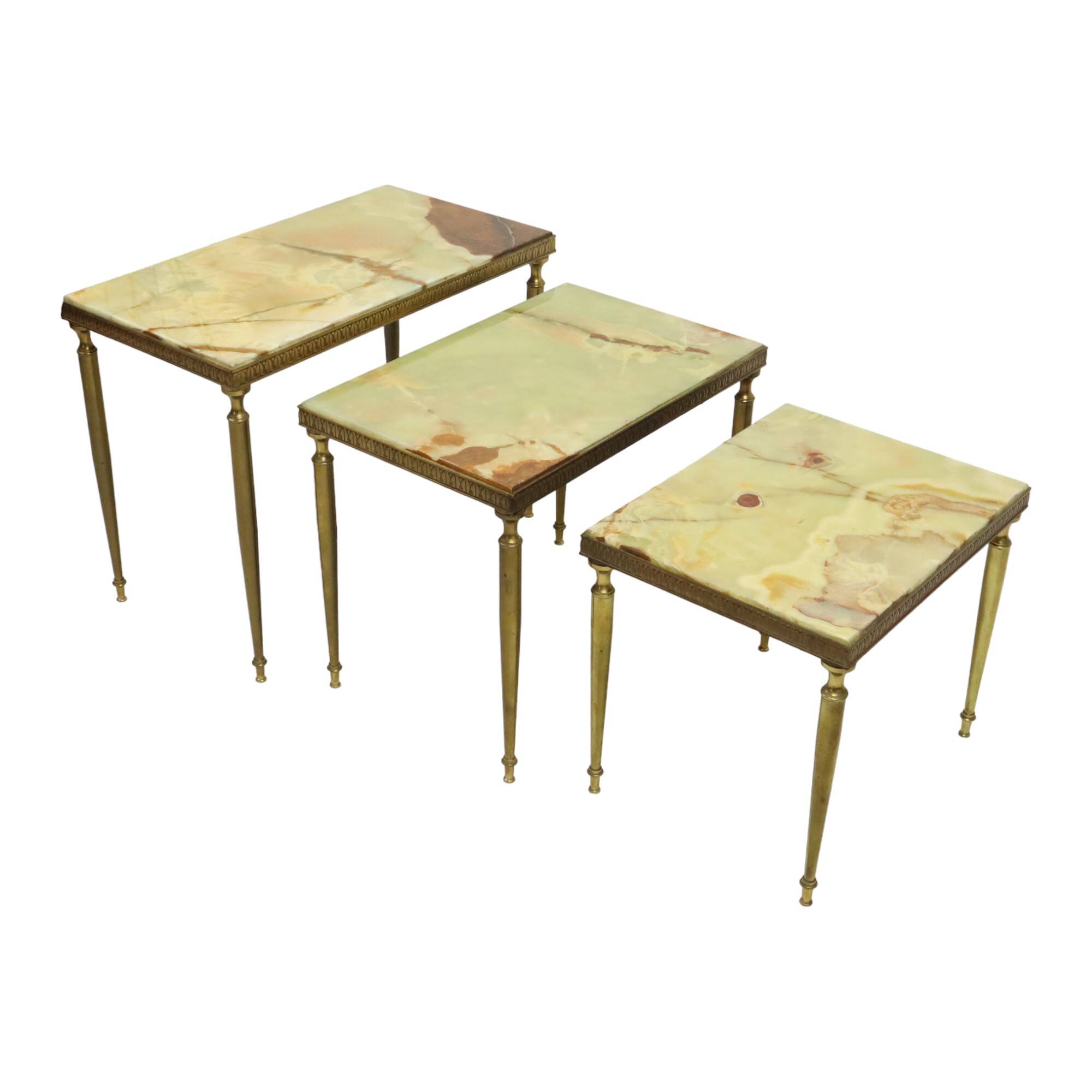 Set of 3 Nesting Tables Onyx Marble Copper Frame 1950s France