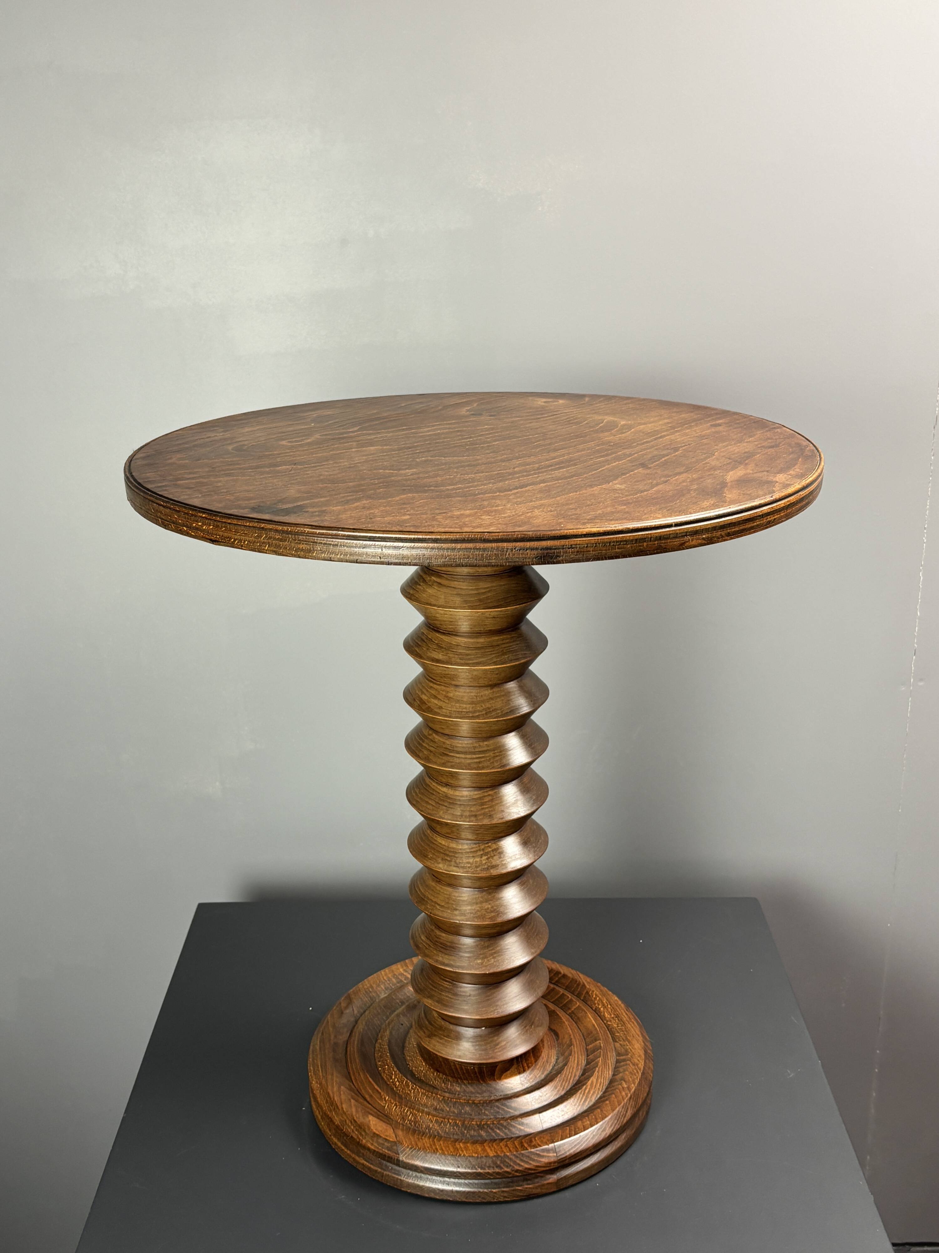 Midcentury brutalist wood turned side table in the style of Charles Dudouyt