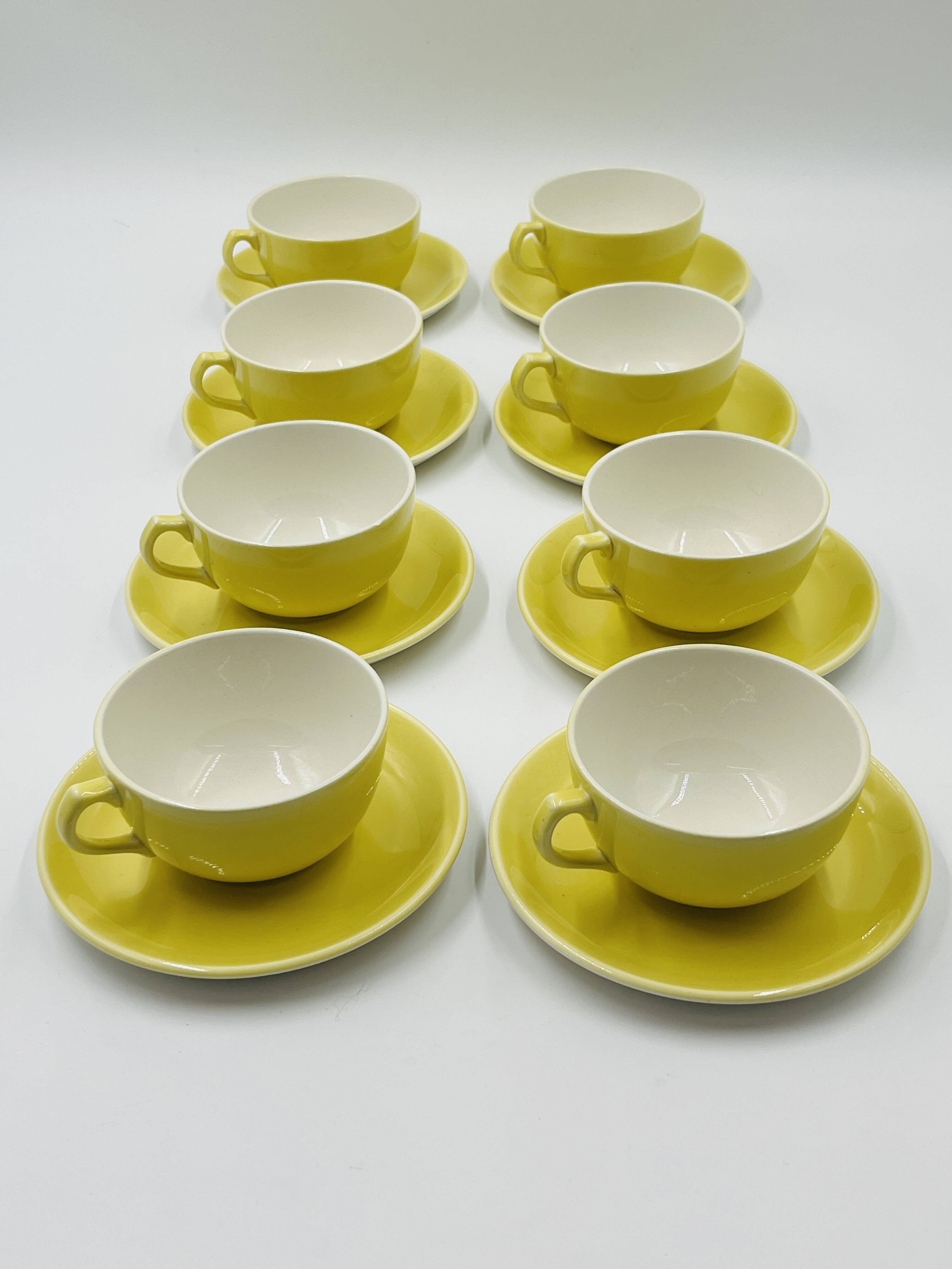 Set of 8 Vintage Boch Frères Yellow Cups and Saucers