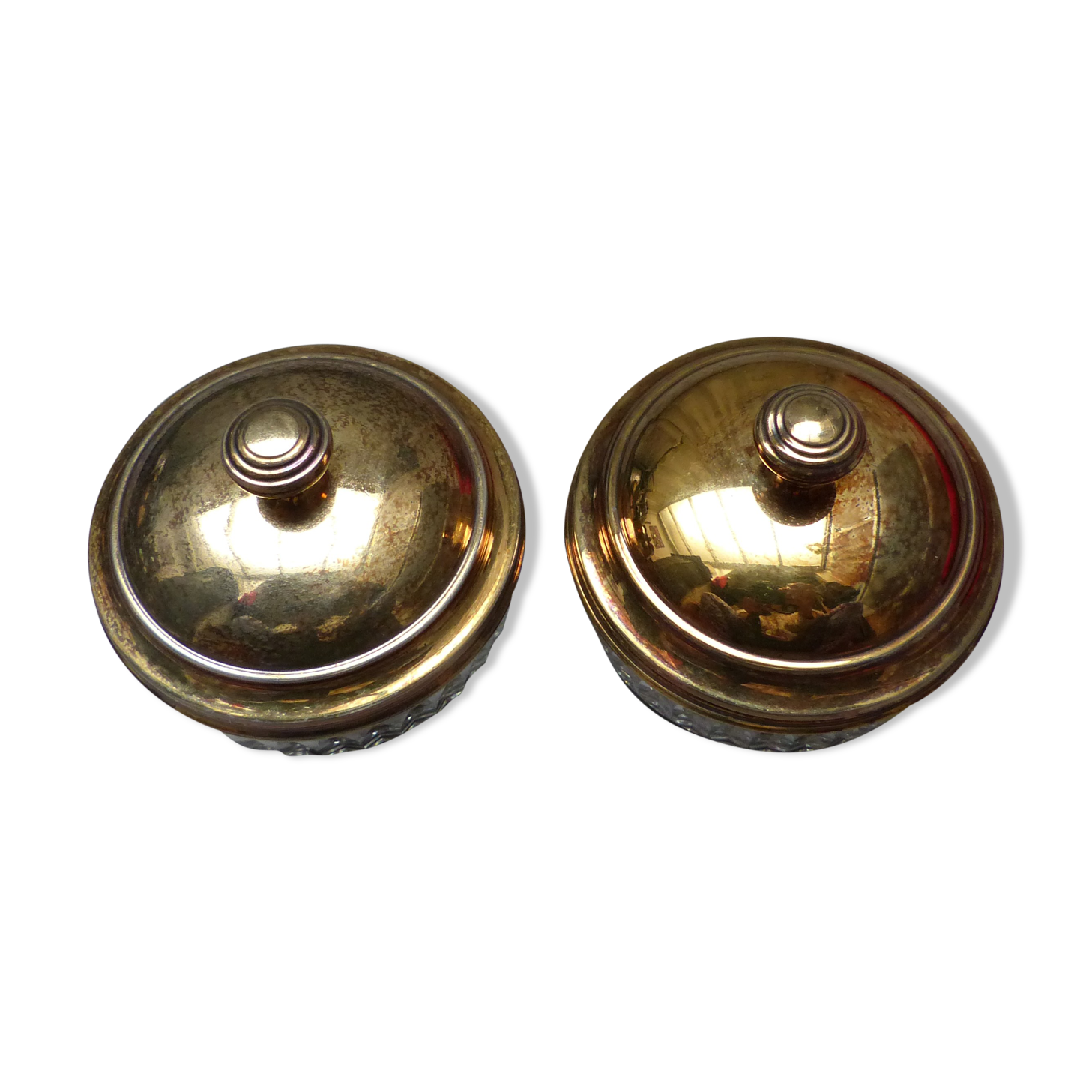 2 old-cut glass jars with gold-plated lid