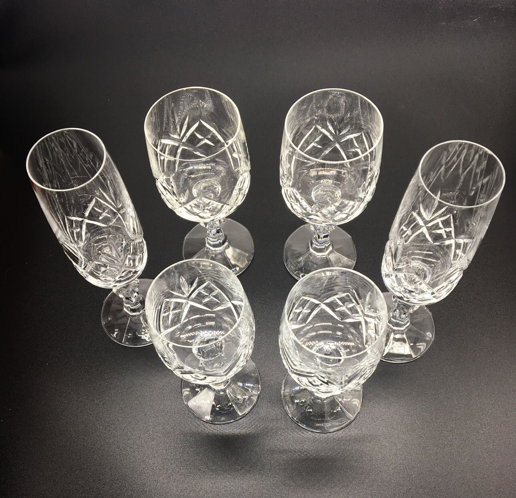 Cut crystal glasses: duo, 6 champagne, wine and water glasses from the 60s