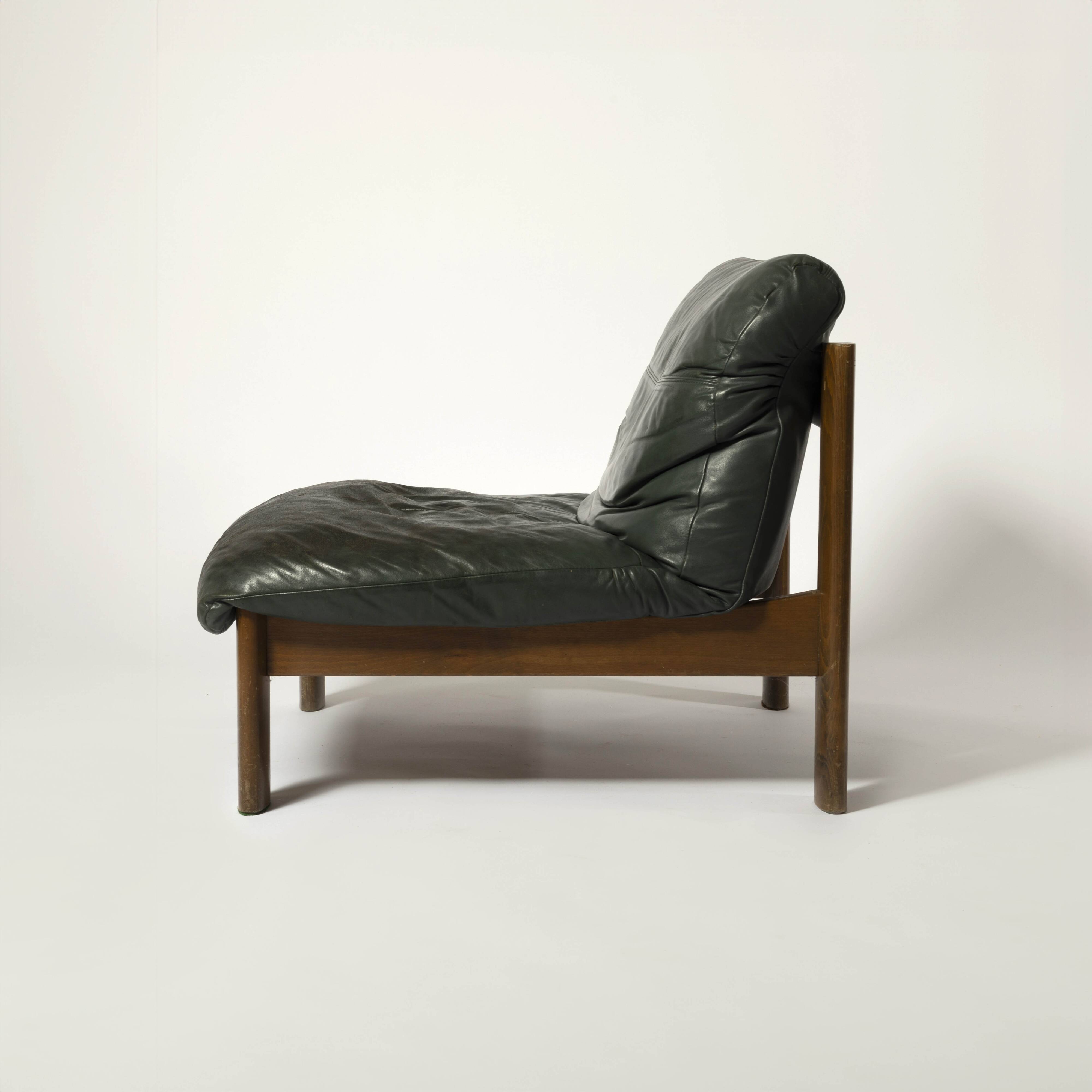 Sling chair in wood and green leather, germany, 1970s