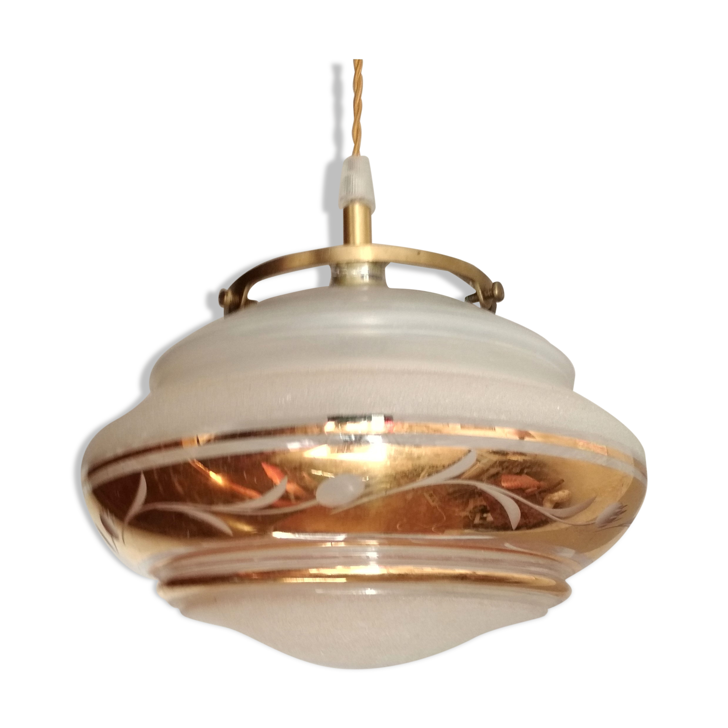 White and gold opaline globe hanging lamp 1950