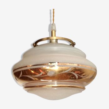 White and gold opaline globe hanging lamp 1950