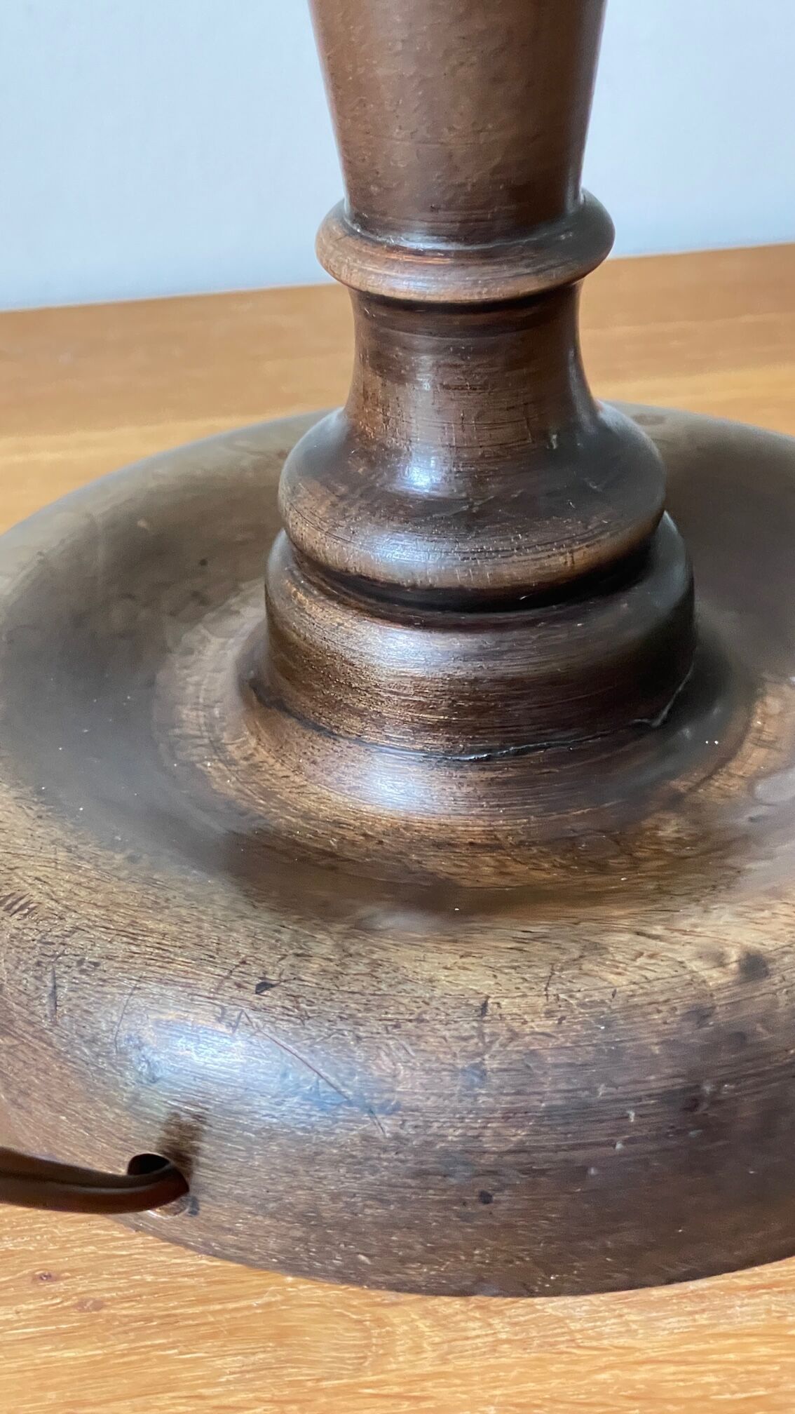 Wooden table lamp and striped lampshade