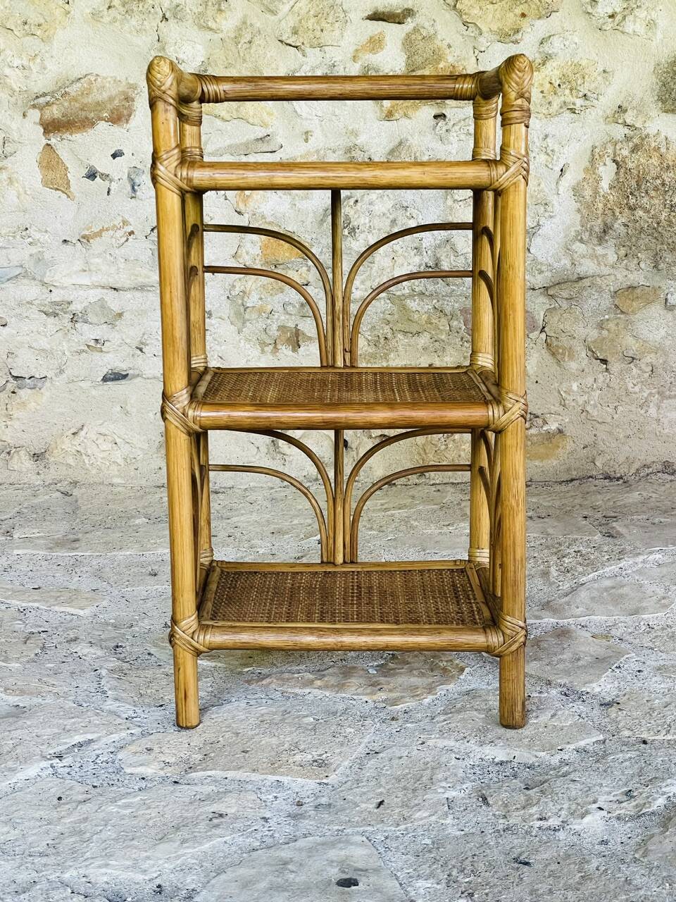Vintage three-tiered shelf on legs, Bamboo, Rattan, Wicker circa 1970s