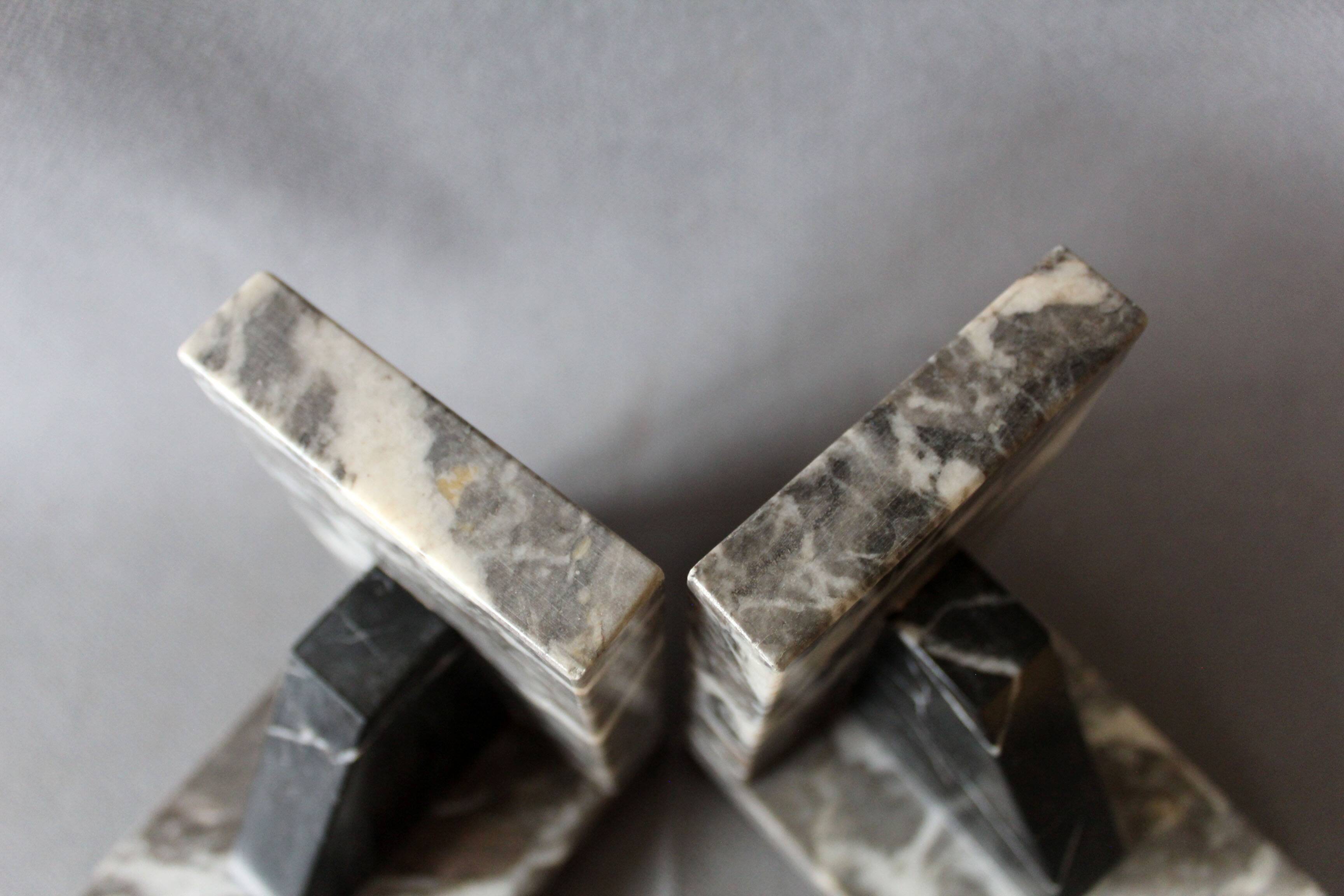 Set of 2 vintage Art Deco bookends in grey, black, and white marble
