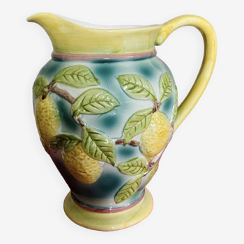 Ceramic pitcher decorated with lemons in relief signed GV 20th century