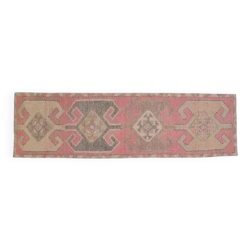 Tapis coureur vintage turc fait main en laine et coton rose des années 1970 100x339