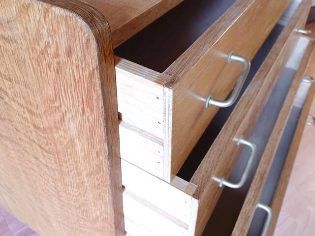 Renovated vintage chest of drawers with compass legs in light gilded wood, 1950-1960