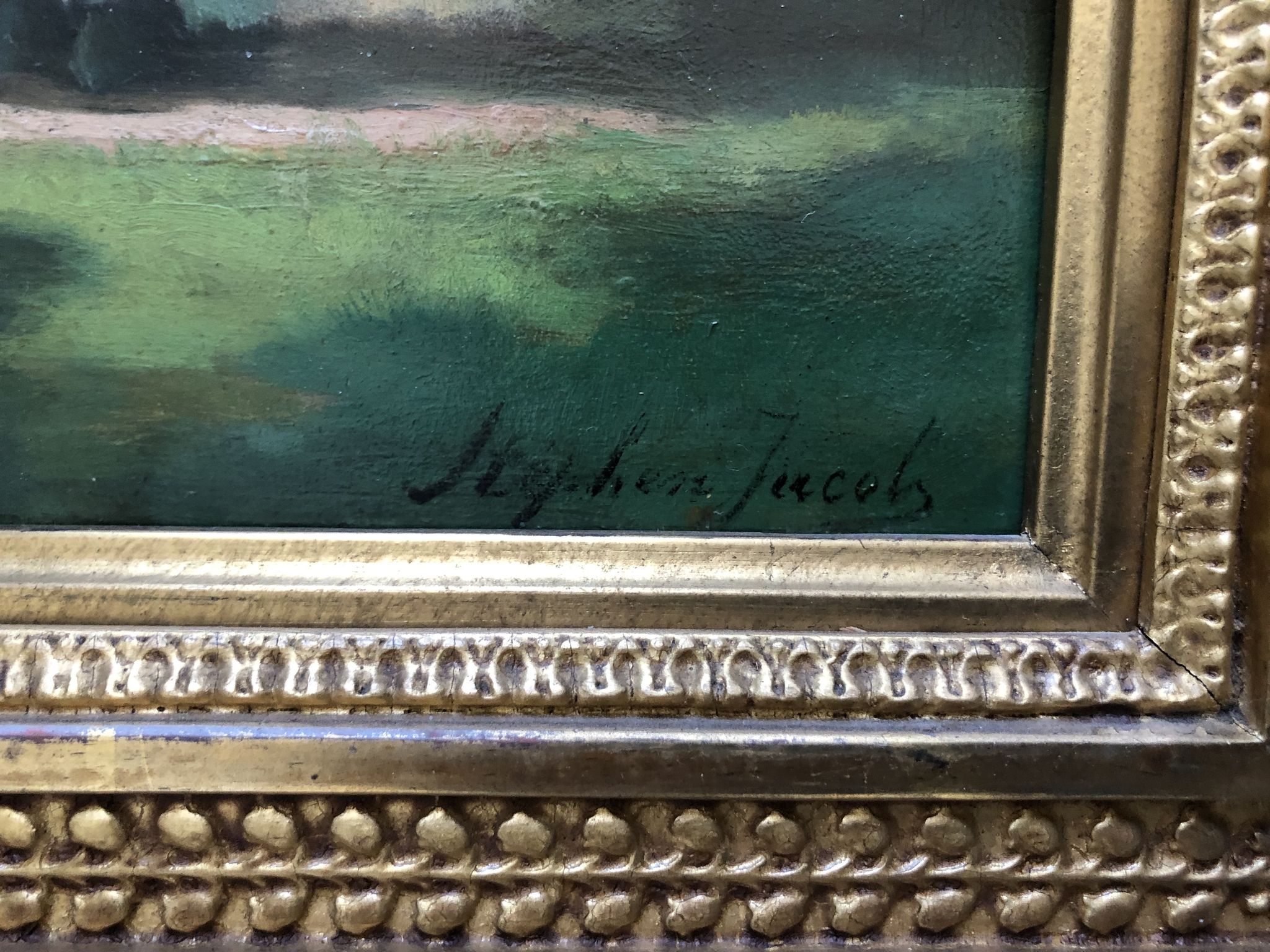 Tableau : huile sur panneau représentant une lavandière