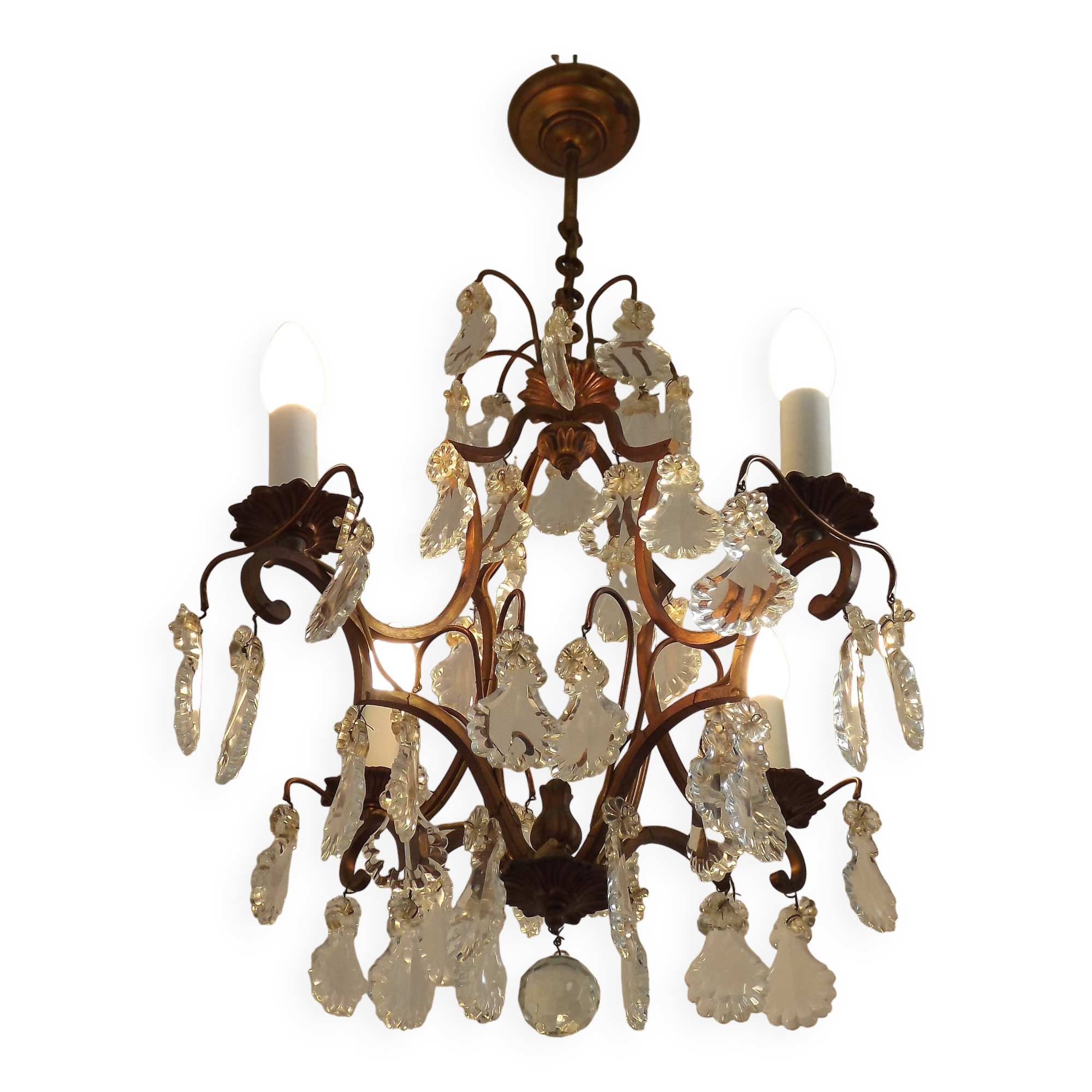1940s French Vintage Bronze Glass and Crystal 4 Light Chandelier 4679