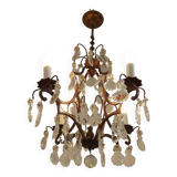 1940s French Vintage Bronze Glass and Crystal 4 Light Chandelier 4679