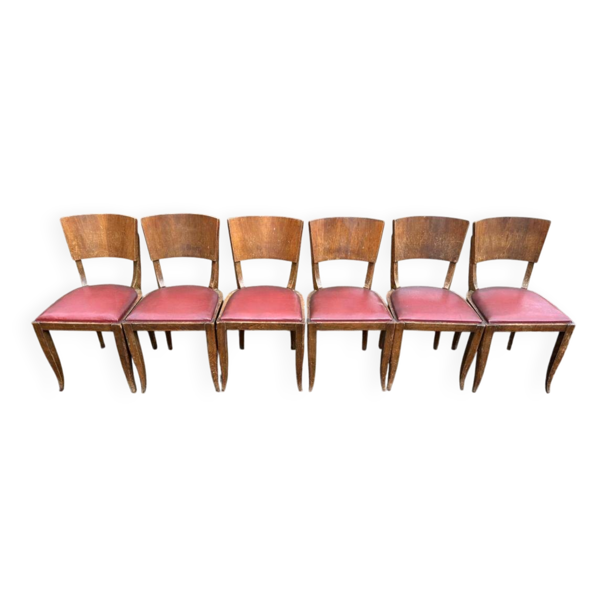 6 Art Deco gondola chairs in solid oak with burgundy leatherette, 1940.