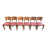 6 Art Deco gondola chairs in solid oak with burgundy leatherette, 1940.