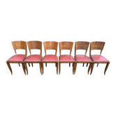 6 Art Deco gondola chairs in solid oak with burgundy leatherette, 1940.