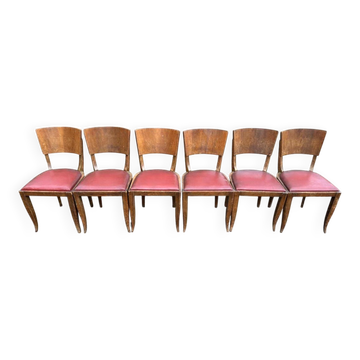 6 Art Deco gondola chairs in solid oak with burgundy leatherette, 1940.
