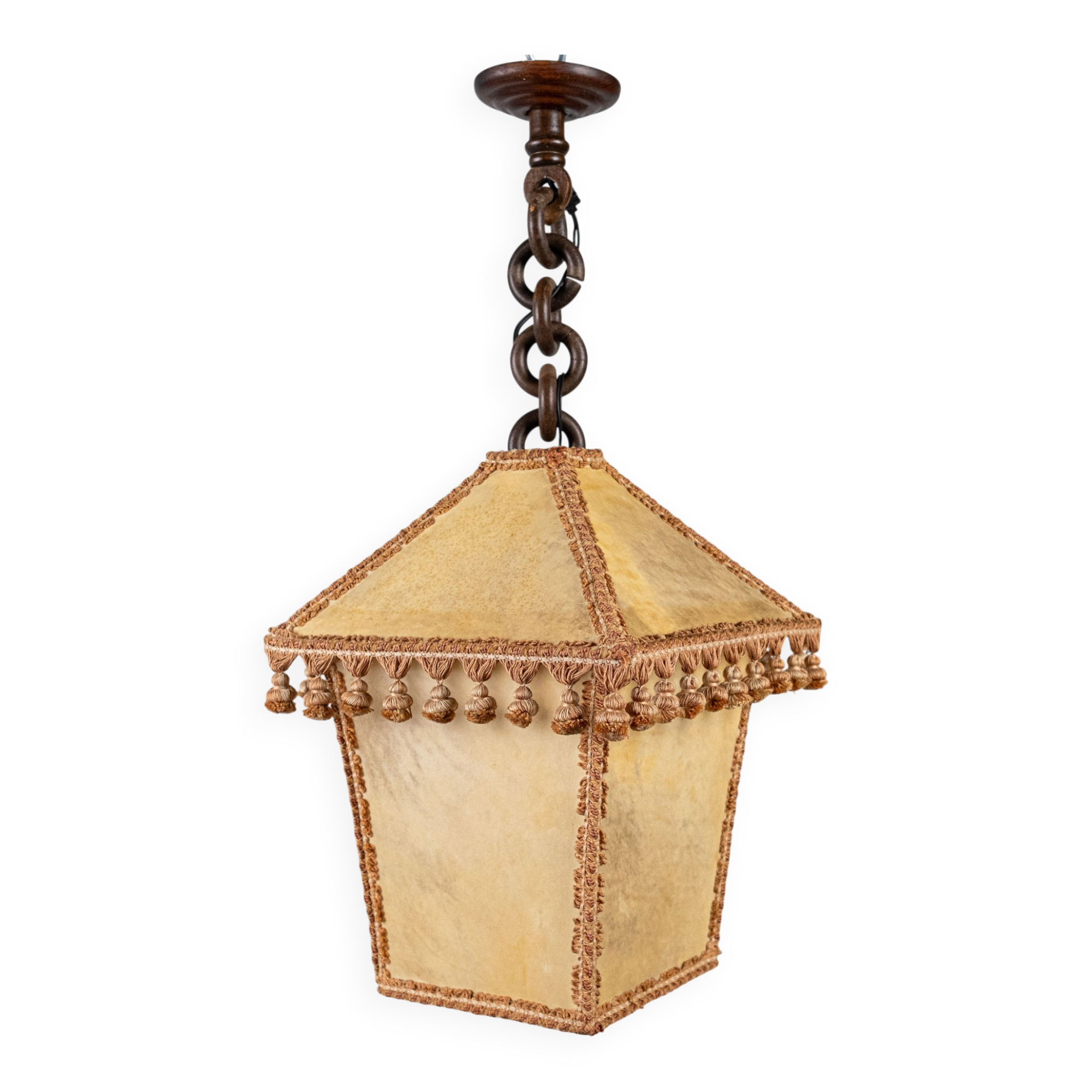 Suspension lanterne en parchemin et passementeries, France, 1960s