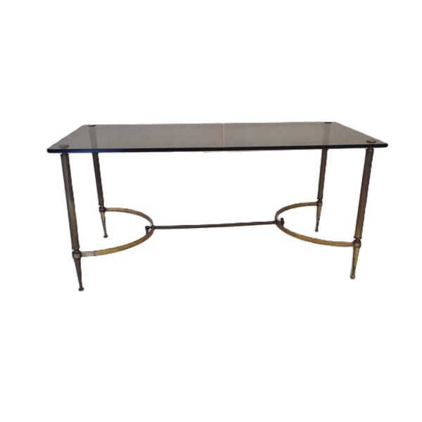 Table Basse Française en Laiton avec Plateau en Verre Fumé, 1950s
