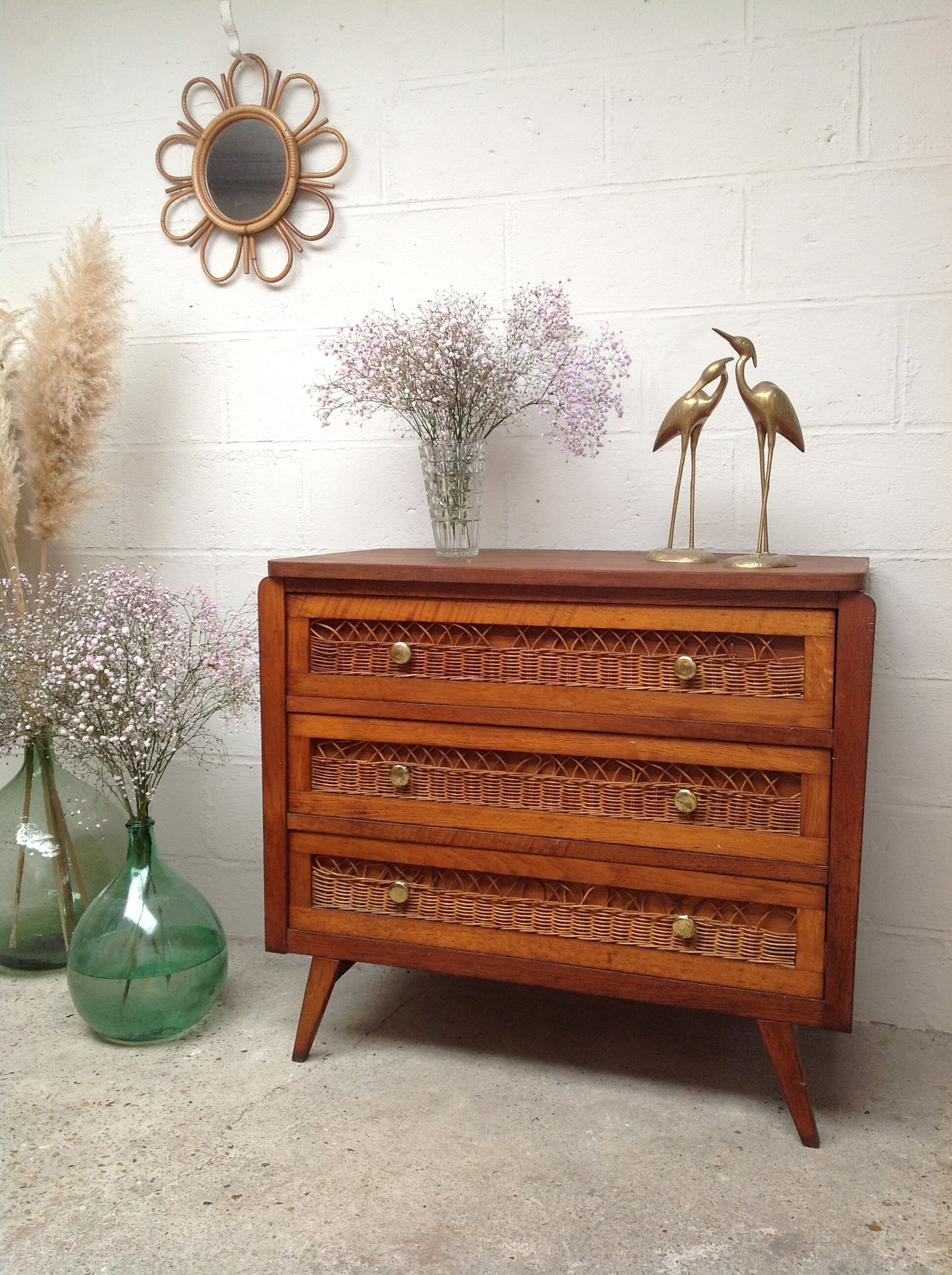 Vintage wooden and rattan dresser