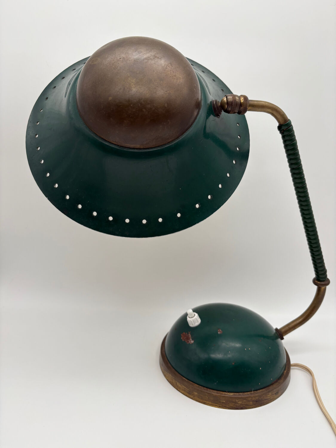 1960s cocotte desk lamp, green and brass, table lamp
