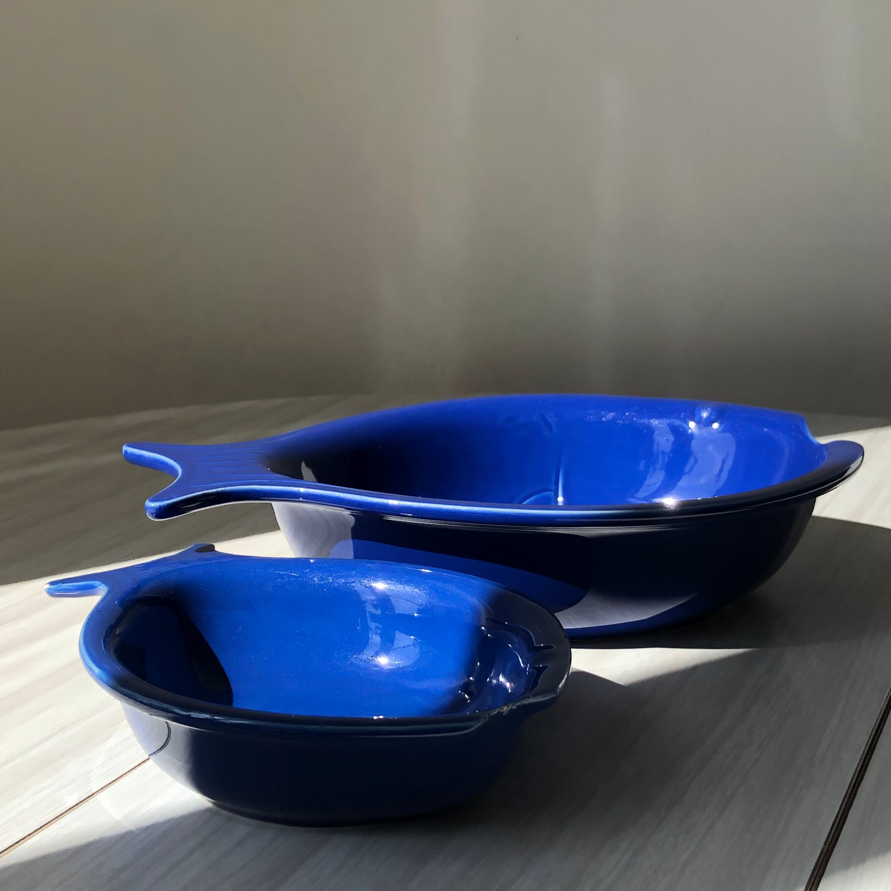 Set of 2 blue fish dishes. Hollow ceramic serving dishes