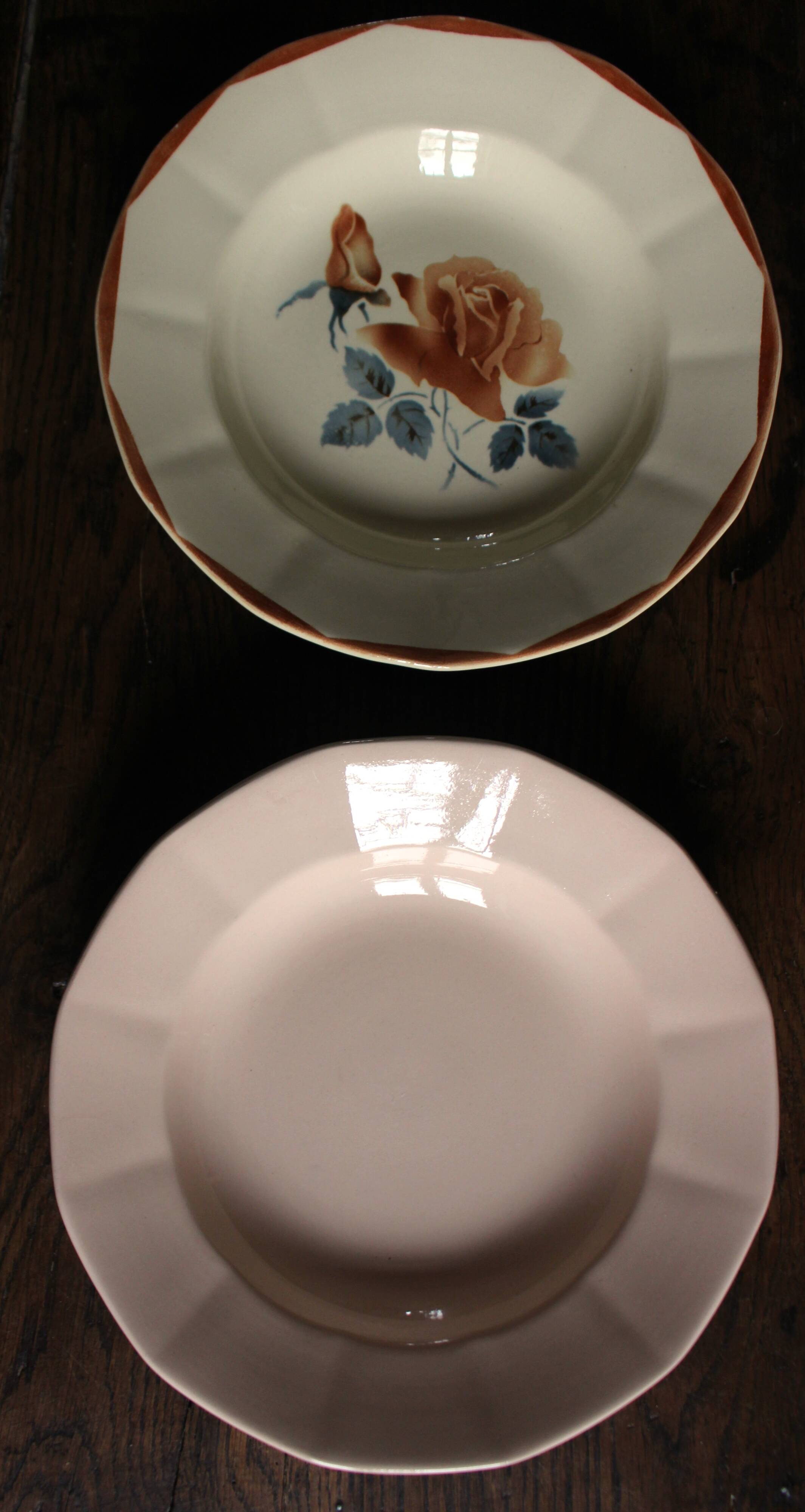 6 mismatched deep plates in floral colours from Digoin, Sarreguemines, Gien.
