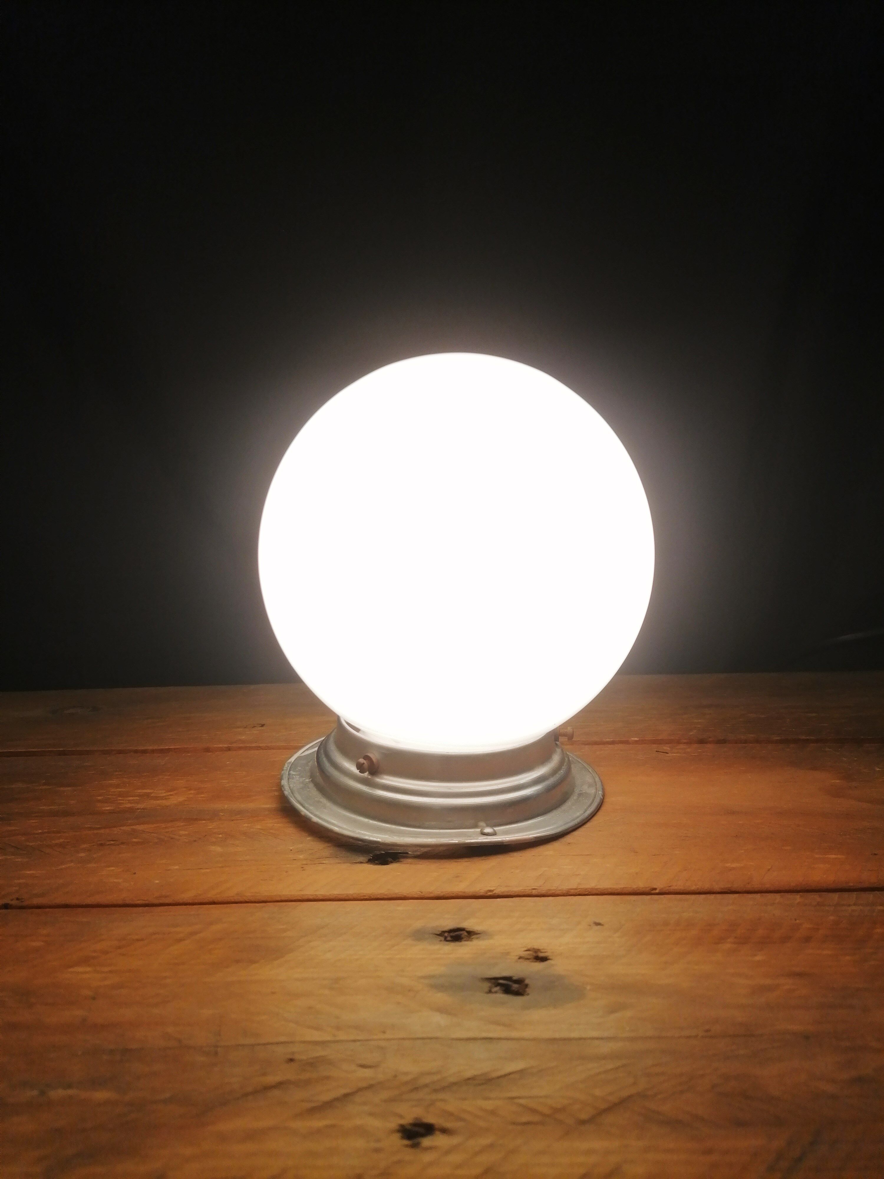 Art deco ceiling lamp, globe white opaline, 15 cm, circa 1940