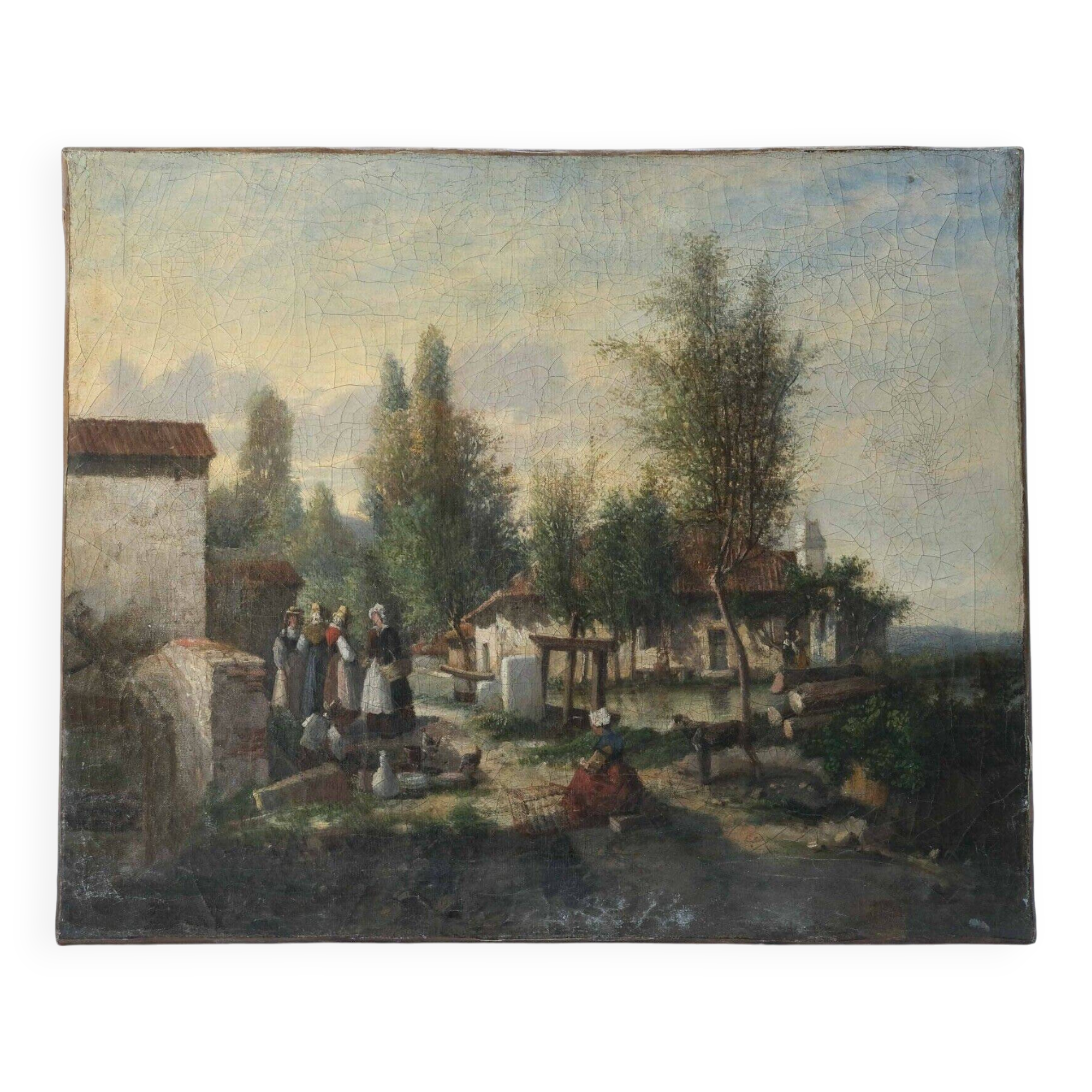 Peinture femmes bretonnes dans un paysage, maisons