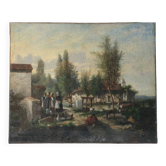 Painting of Breton women in a landscape, houses.