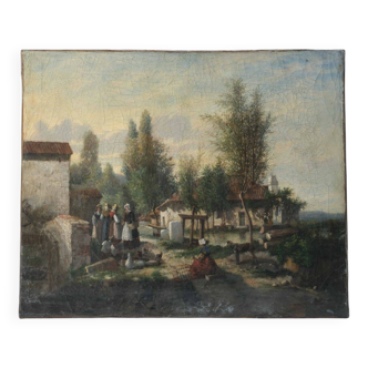 Painting of Breton women in a landscape, houses.