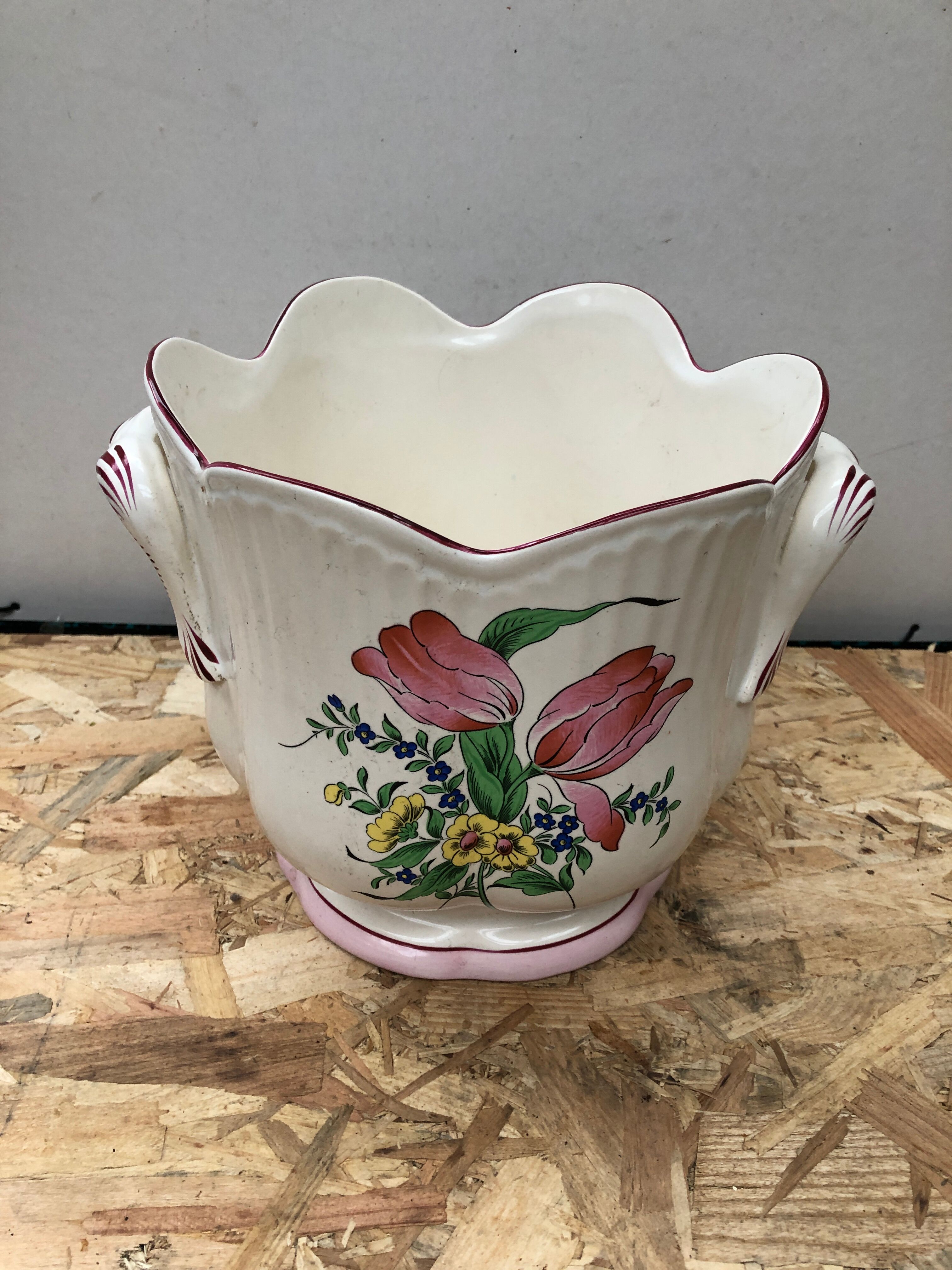Old Cache Pot K&G LUNEVILLE Ceramic White Decoration Vintage Flowers