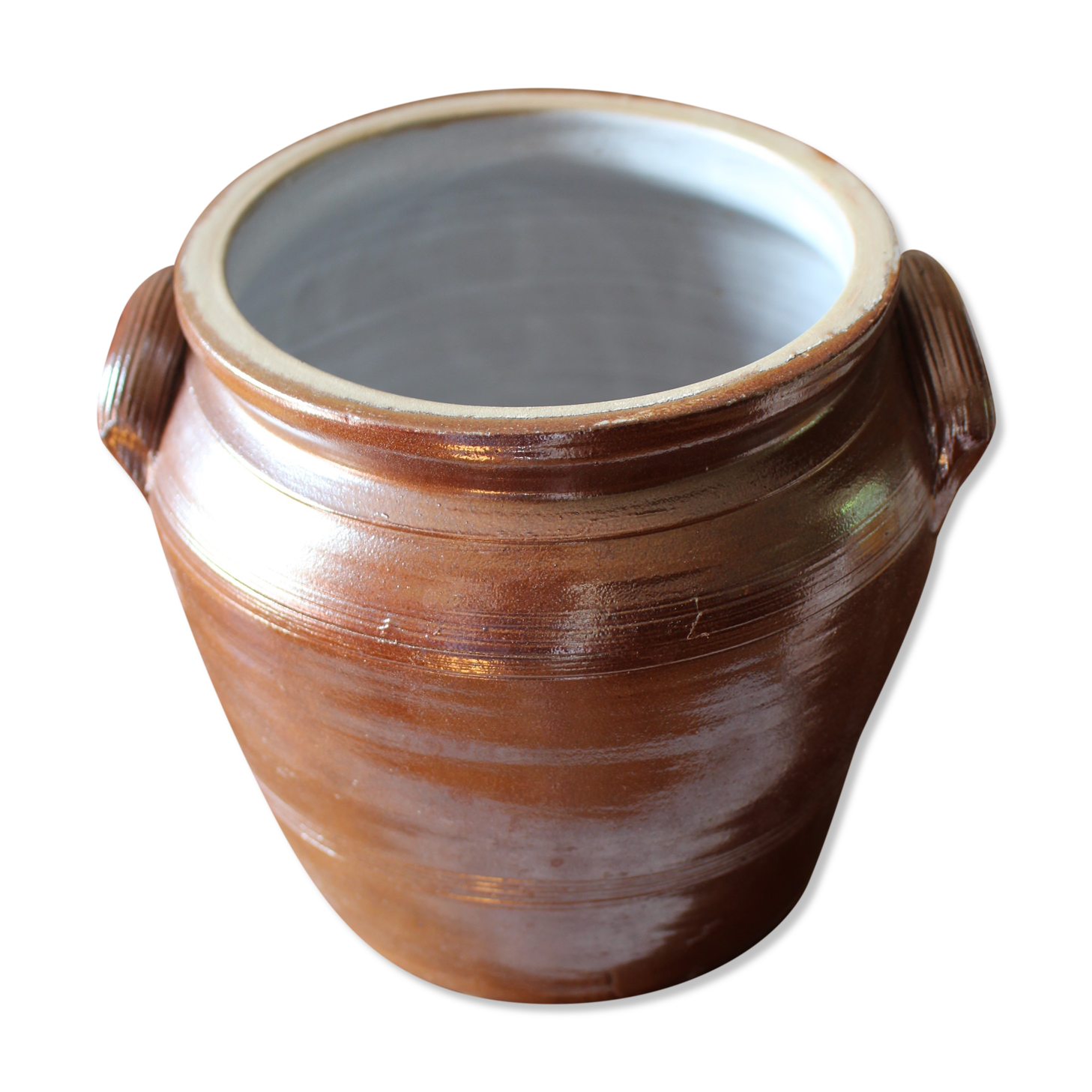 Brown terracotta pot two handles glazed interior